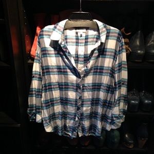 Teal and blue plaid long sleeved shirt